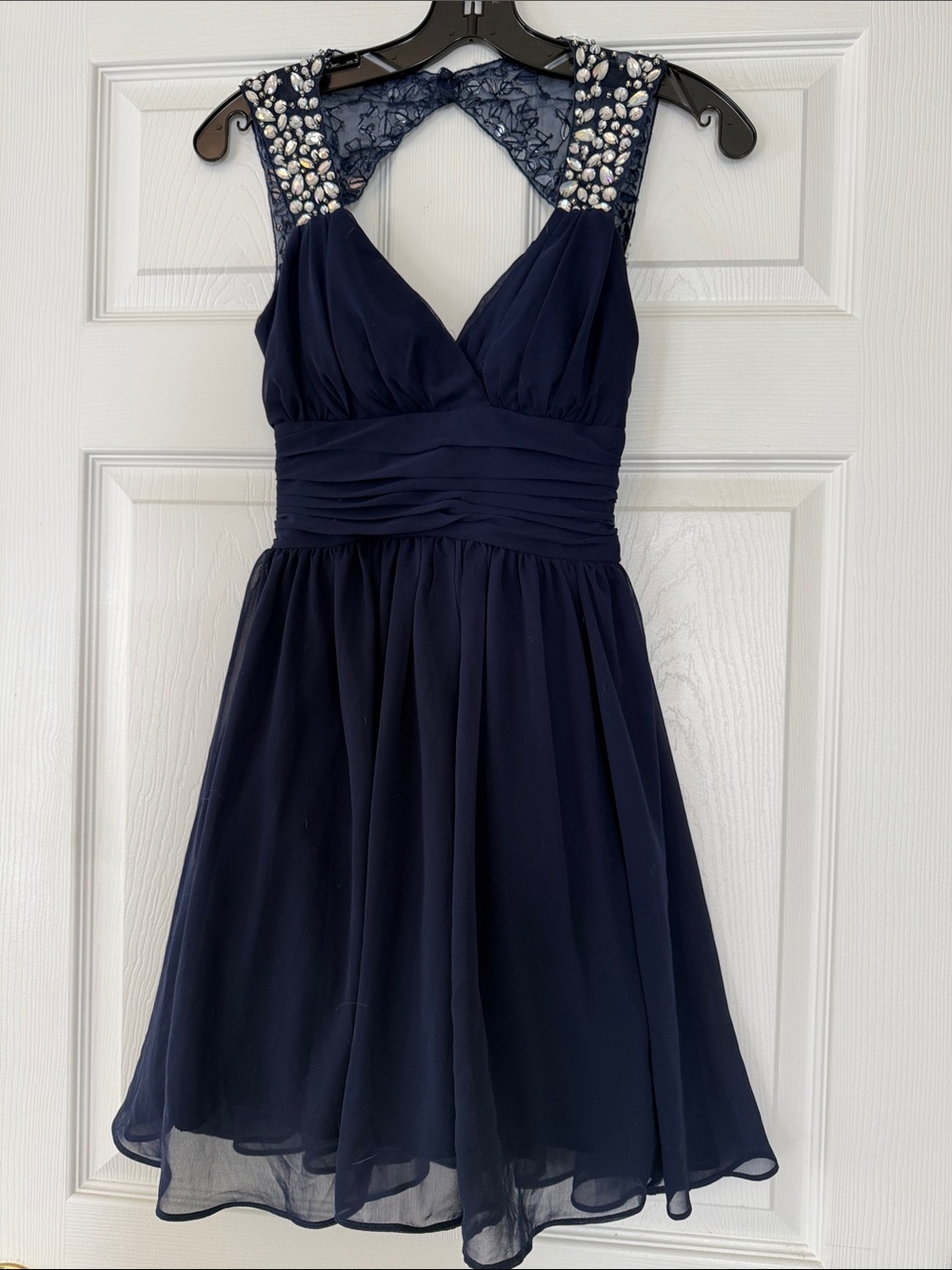 B. Smart Navy Chiffon Dress with Beaded Lace Shoulders